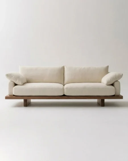 Luxury Merano Floating Platform Sofa featuring a solid kiln-dried wood frame, exposed walnut floating base, and linen fabric upholstery for living rooms.