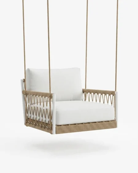 The Meridia Woven Hanging Armchair featuring a minimalist ceiling-hung design and premium rope weave trim.