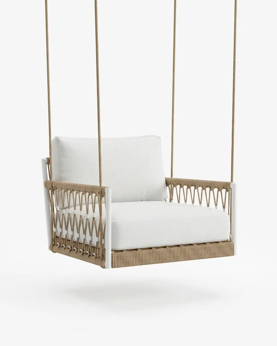 The Meridia Woven Hanging Armchair featuring a minimalist ceiling-hung design and premium rope weave trim.