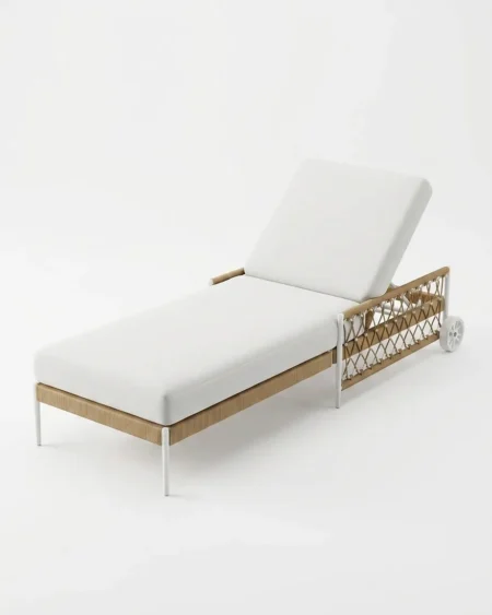 Luxury Meridian rope sun lounger featuring a rust-proof white aluminium frame, tan diamond lattice synthetic rope weave, and transport wheels, manufactured for high-end resorts.