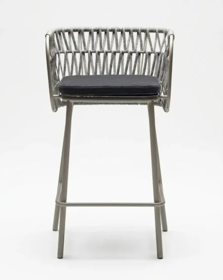 Marine-grade meridian rope-weave bar stool with matte grey powder-coated frame and charcoal cushion