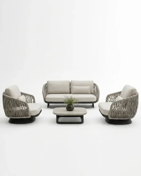 The Mistral Swivel Mesh Lounge Set featuring a sophisticated 4-piece design with diamond mesh rope weave and a wooden top coffee table.