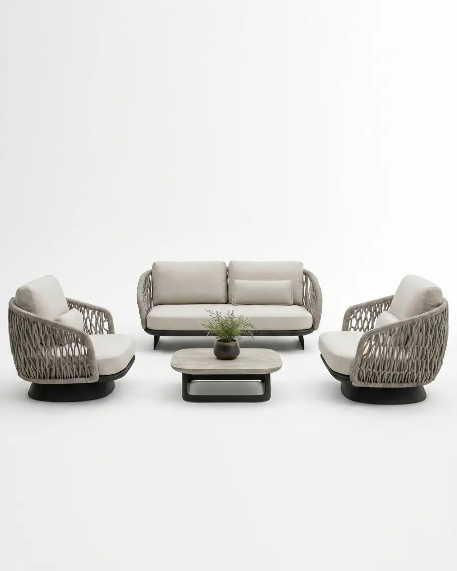 The Mistral Swivel Mesh Lounge Set featuring a sophisticated 4-piece design with diamond mesh rope weave and a wooden top coffee table.