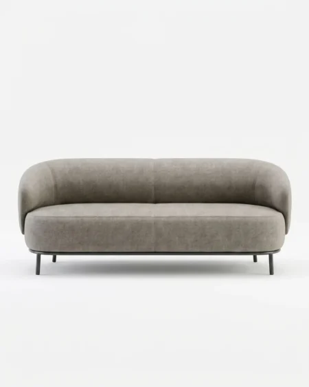 Luxury Modena Curved Fabric Sofa featuring a solid kiln-dried wood frame, a sweeping rounded silhouette, grey textured fabric, and black metal legs for living rooms.