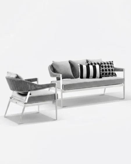 The Monaco Rope Weave Sofa Set featuring a sophisticated modern design with premium rope weave and a white aluminium frame.