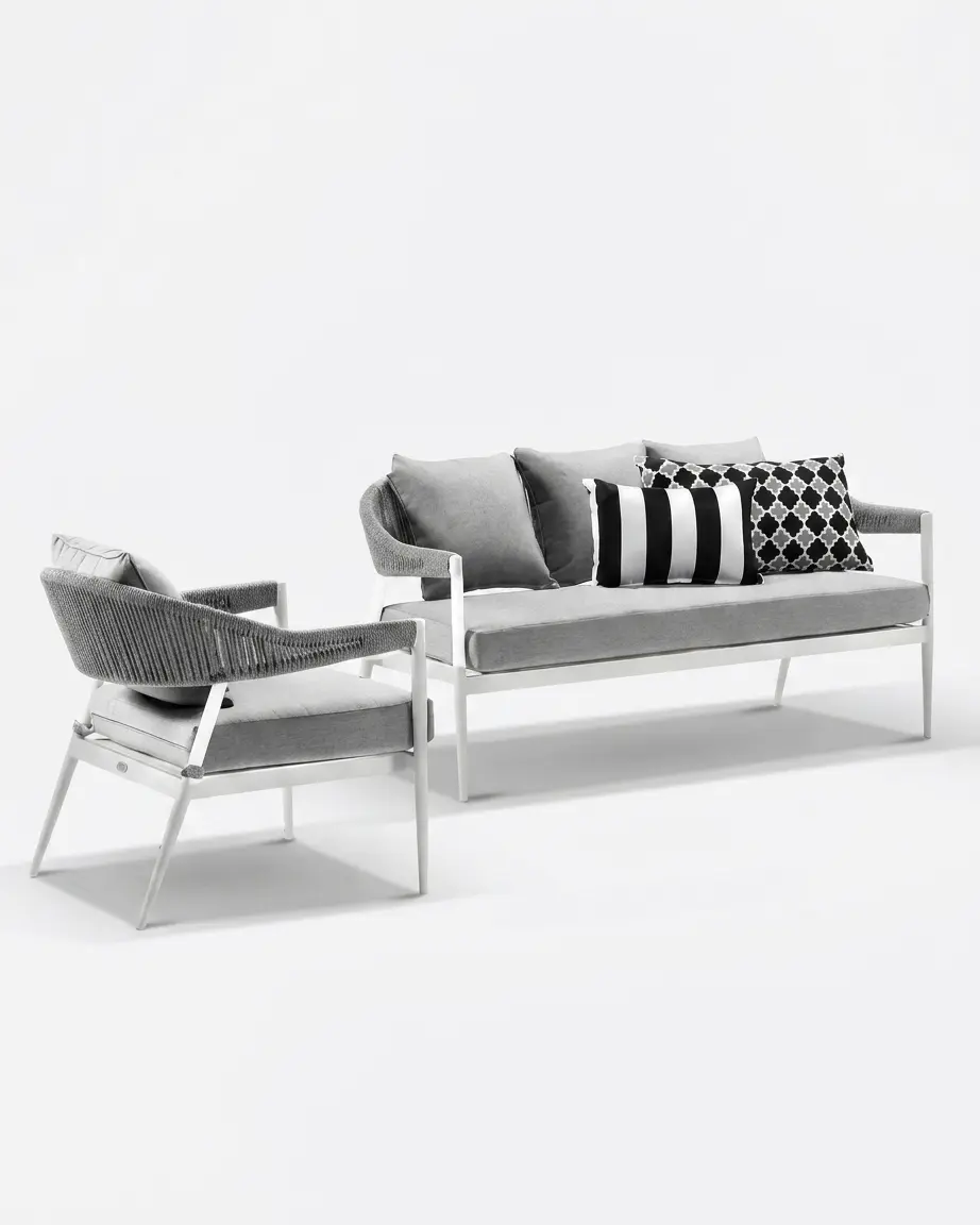 The Monaco Rope Weave Sofa Set featuring a sophisticated modern design with premium rope weave and a white aluminium frame.