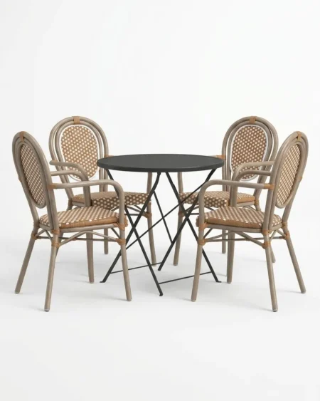 Luxury marine-grade aluminium Montmartre French bistro dining set with synthetic rattan chairs and a folding round table for commercial outdoor dining sets.