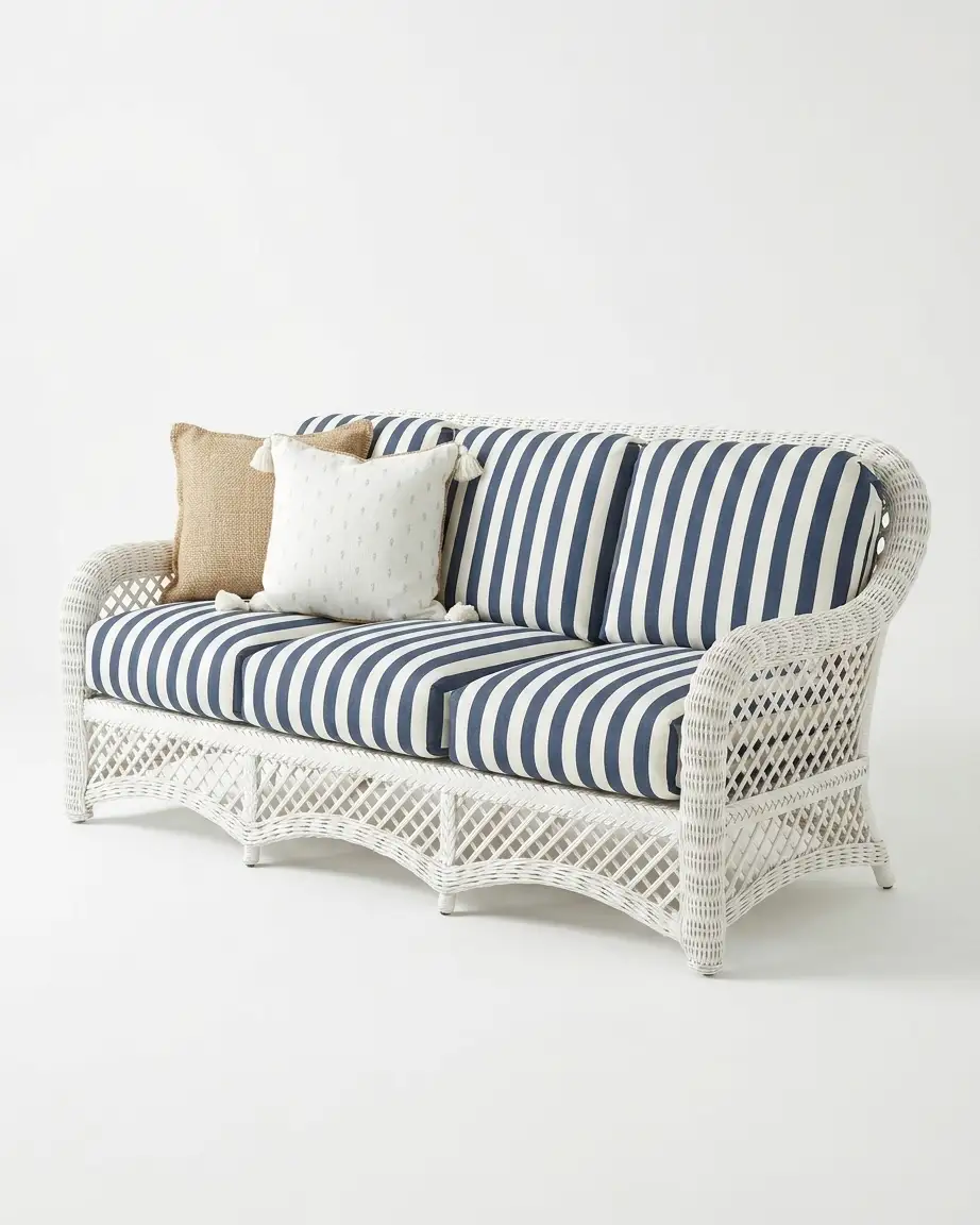 The Nantucket White Wicker Striped Sofa featuring a sophisticated 3-seater design with a curved armrest white lattice weave and navy striped upholstery.