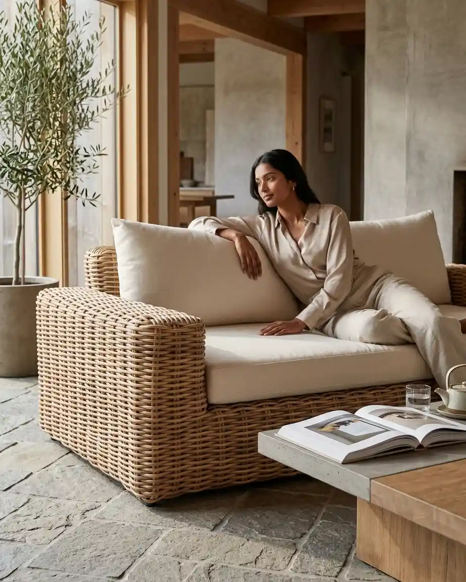 The Havelock model displayed as a luxury natural rattan outdoor sofa order installed in a premium boutique resort lounge.