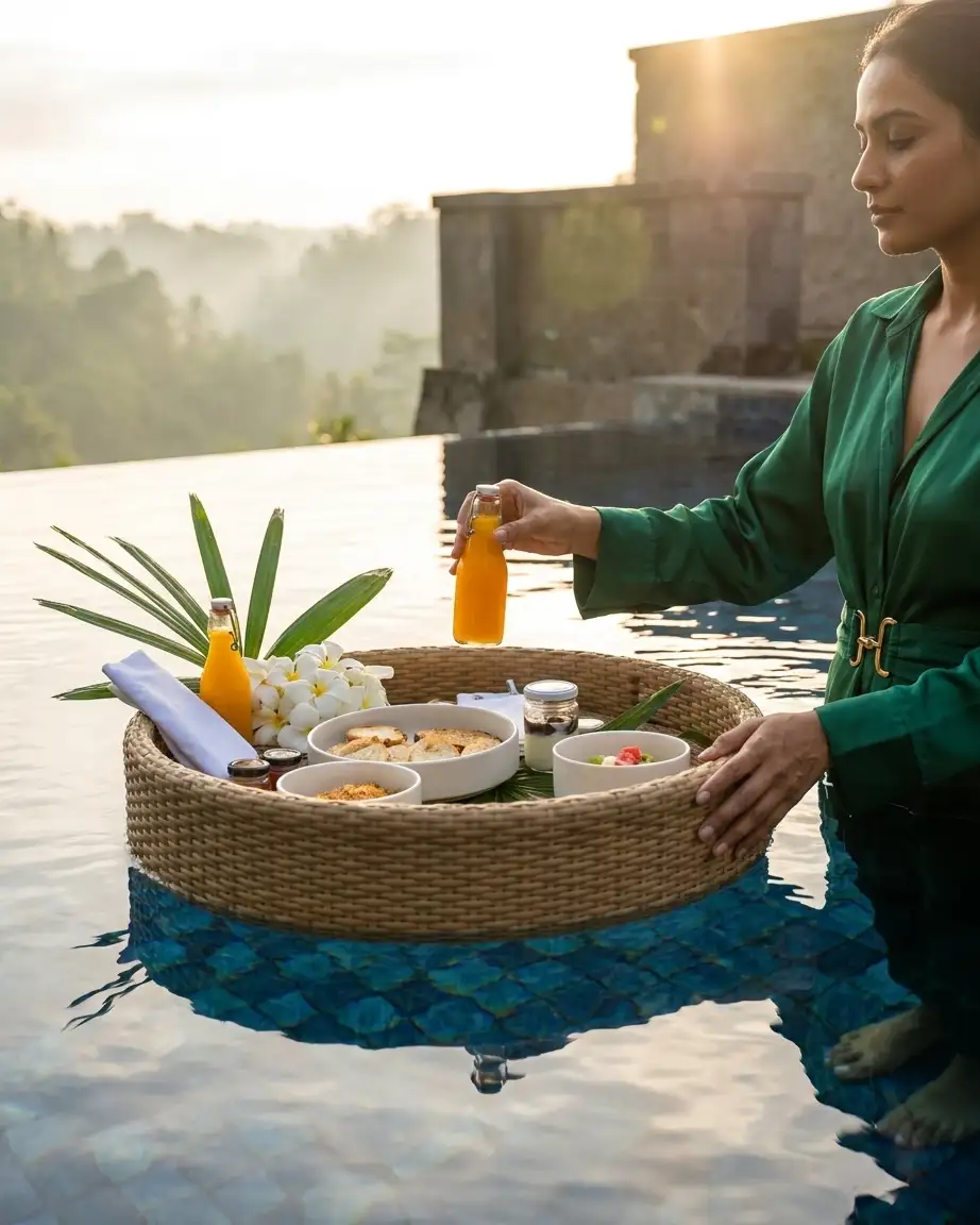 Close up of the natural wicker resort tray showcasing the tightly hand-woven, weather-resistant synthetic rattan.