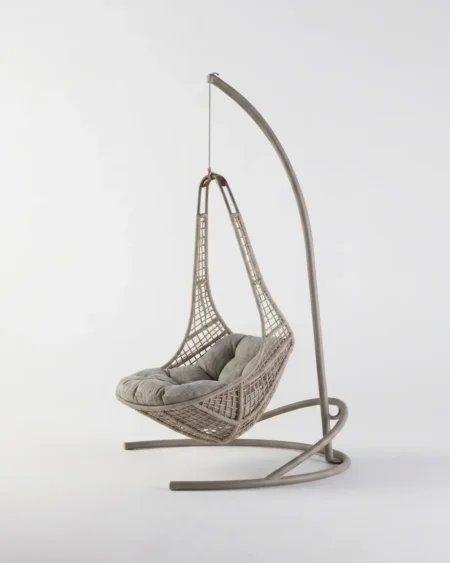 The Nestora Mesh Weave Hanging Swing Chair featuring a minimalist teardrop design and premium mesh rope weave with a stand.