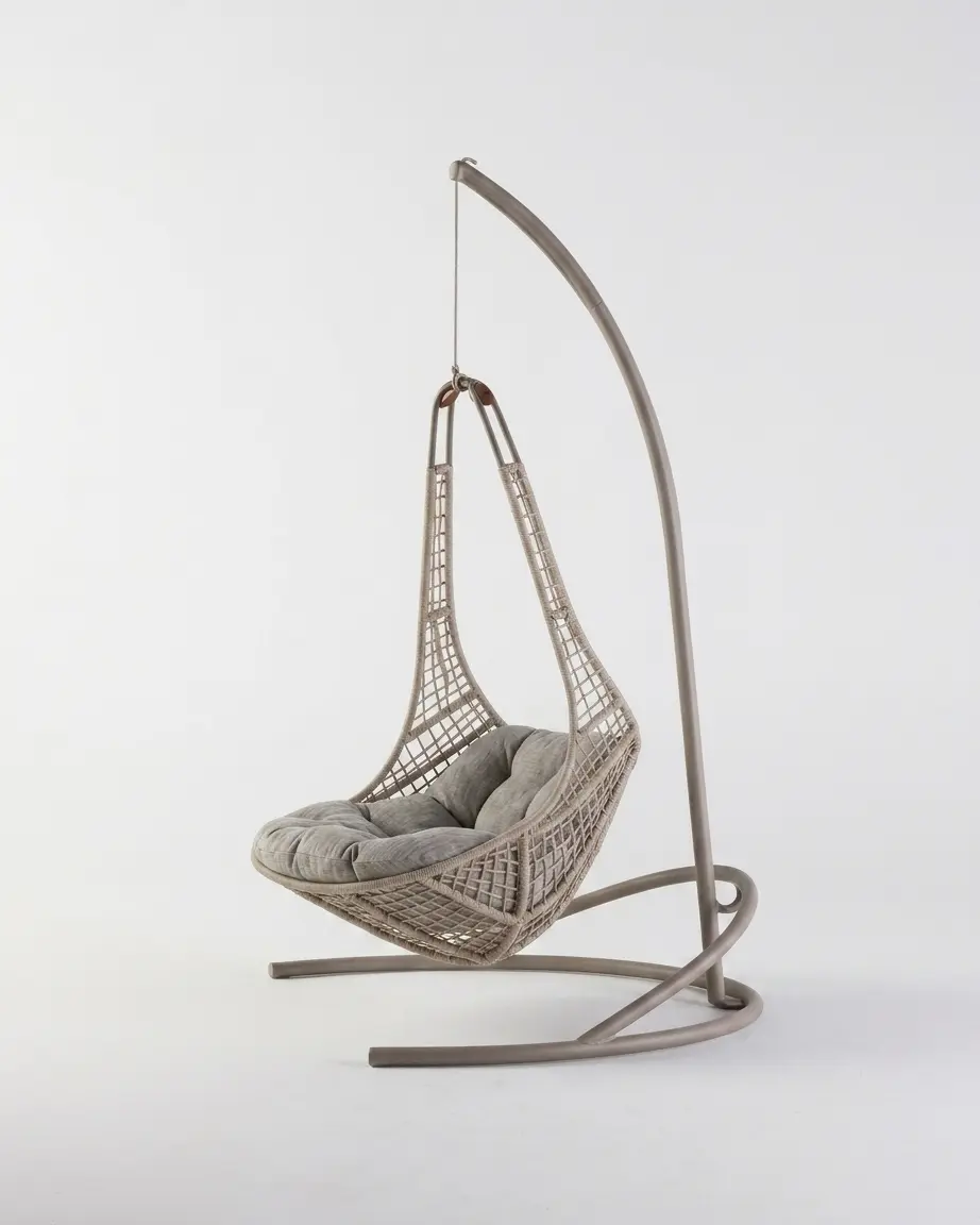 The Nestora Mesh Weave Hanging Swing Chair featuring a minimalist teardrop design and premium mesh rope weave with a stand.