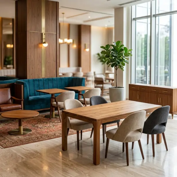 Heavy-duty mortise and tenon joinery on indoor cafe seating from a premier commercial cafe furniture supplier Noida.