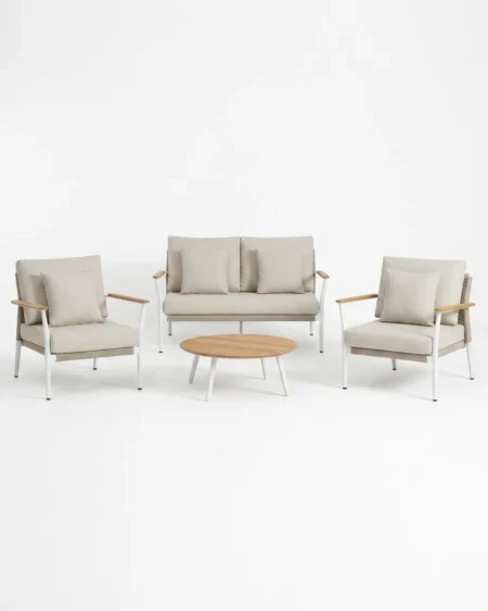 The Nordal Teak Rope Outdoor Lounge Set featuring a minimalist modern design with premium teak wood and rope weave over an aluminium frame.