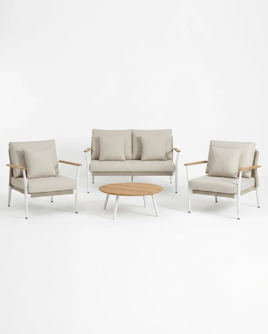 The Nordal Teak Rope Outdoor Lounge Set featuring a minimalist modern design with premium teak wood and rope weave over an aluminium frame.