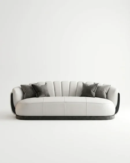 Luxury Nordica Shell-Back Leather Sofa featuring a solid kiln-dried wood frame, curved white leather upholstery, and a sleek black plinth base for living rooms.