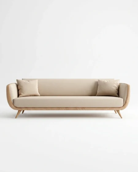 Luxury Nordvik Curved Oak-Frame Sofa featuring a striking exposed solid oak wood frame with a natural finish and linen fabric upholstery.