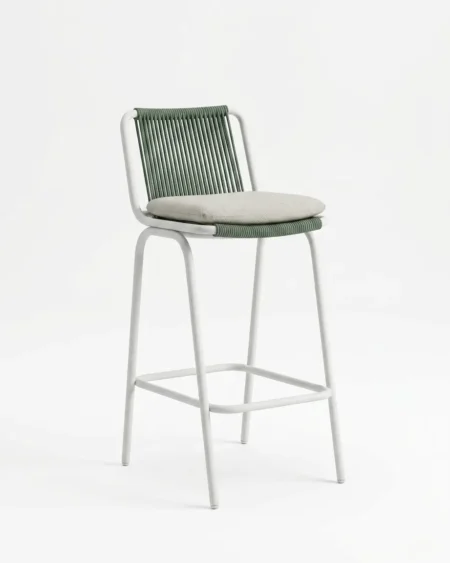 Marine-grade norwood bar stool with white powder-coated frame and sage green vertical rope weave