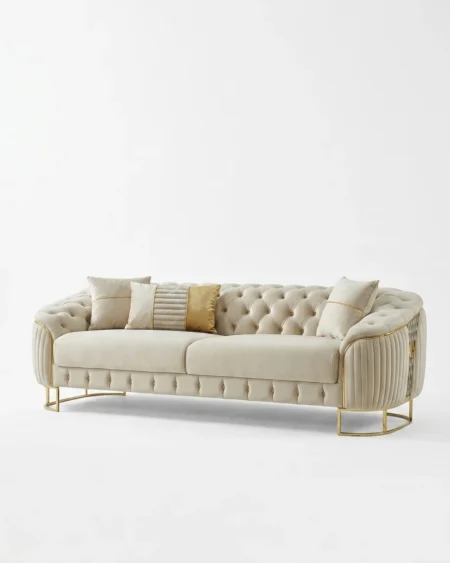Luxury Odessa Chesterfield Button-Tufted Velvet Sofa featuring a solid kiln-dried wood frame, ivory velvet upholstery, and elegant gold trim for living rooms.