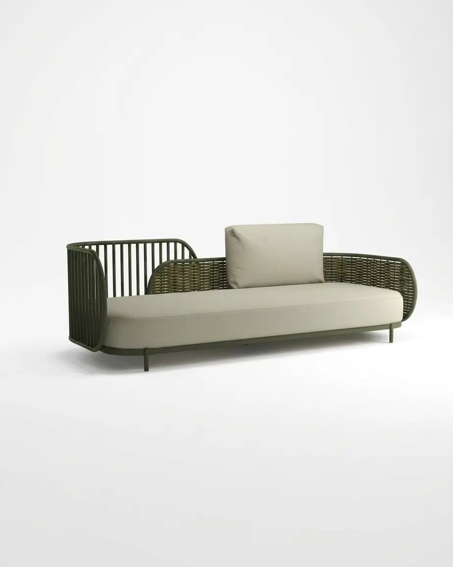 The Olivet Daybed Style Rope Sofa featuring a sophisticated armless design with a vertical rope slat weave and olive green cushions.