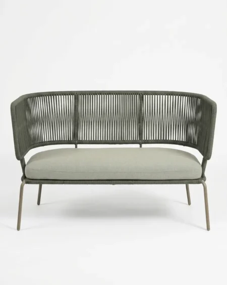 The Olivo Curved Rope Loveseat featuring a minimalist tub style design with premium olive green vertical rope weave and a powder-coated metal frame.