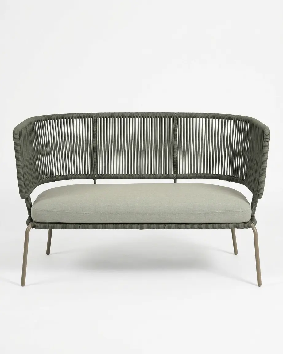 The Olivo Curved Rope Loveseat featuring a minimalist tub style design with premium olive green vertical rope weave and a powder-coated metal frame.