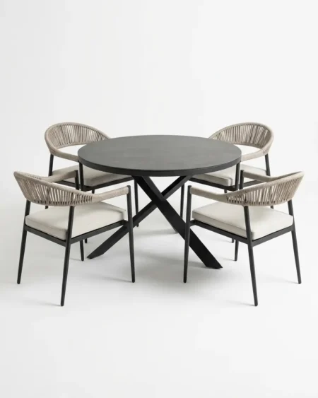 Luxury marine-grade aluminium Onda rope weave 4-seater dining set with a matte black round table and UV-stabilized rope armchairs for commercial outdoor dining sets.