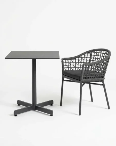 Luxury black marine-grade aluminium Onyx lattice-weave cafe set with an X-base table and stackable rope chairs for commercial outdoor dining sets.