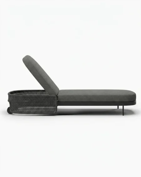 Luxury Onyx recliner sun lounger featuring a rust-proof aluminium frame and UV-stabilized dark synthetic rope, manufactured for high-end resorts.
