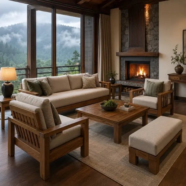 Elegant solid teak indoor dining sets supplied directly by top luxury hotel indoor furniture manufacturers in Ooty.