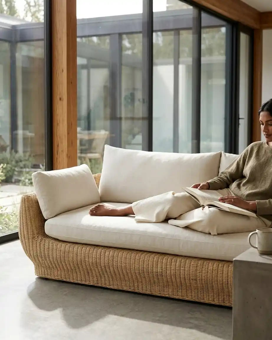 The Dune model displayed as a luxury organic curved base sofa order installed in a premium boutique spa lounge.