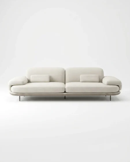 Luxury Osmara Bolster-Arm Fabric Sofa featuring a solid kiln-dried wood frame, signature cylindrical bolster arms, ivory textured fabric, and a recessed floating base for living rooms.