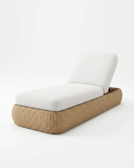 Luxury Ostara Wicker Sun Lounger featuring a rust-proof curved aluminium frame and UV-stabilized honey synthetic rattan, manufactured for high-end resorts.