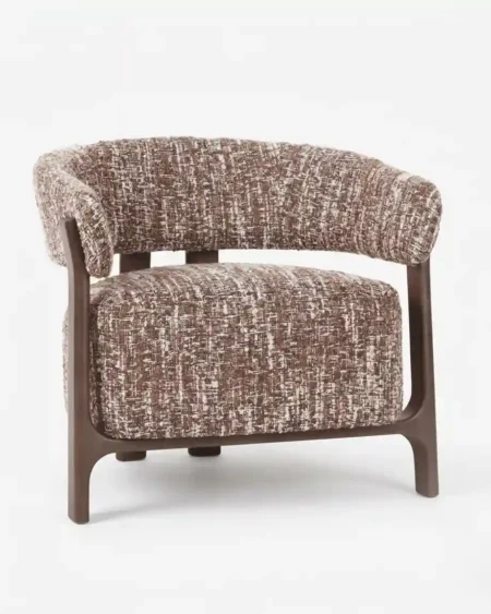 Luxury Ostrino Lounge Chair featuring an exposed solid teak wood frame, barrel back design, and premium tweed upholstery.