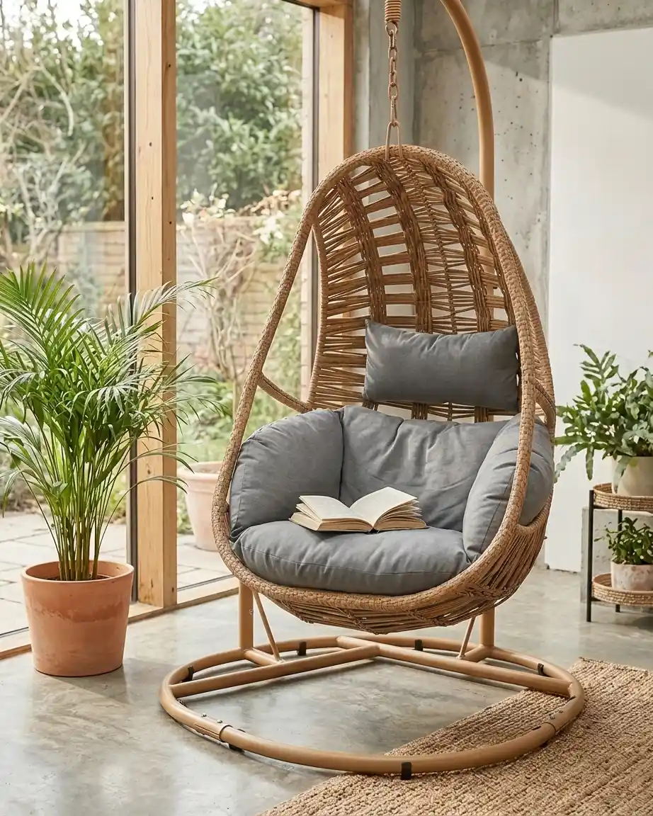 The Marbella model displayed as a luxury outdoor egg swing with stand installed in a garden.