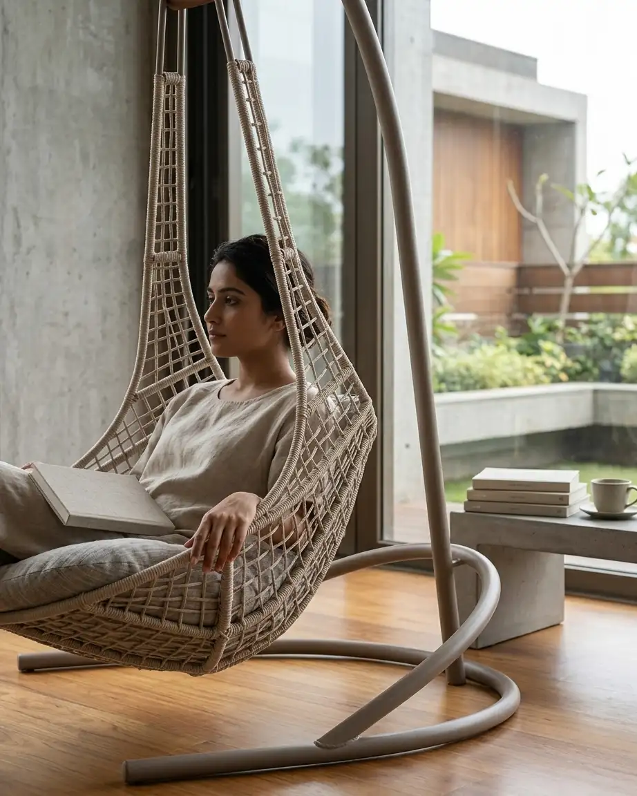 The Serrano model displayed as a luxury outdoor hanging chair with stand installed in a resort poolside area.