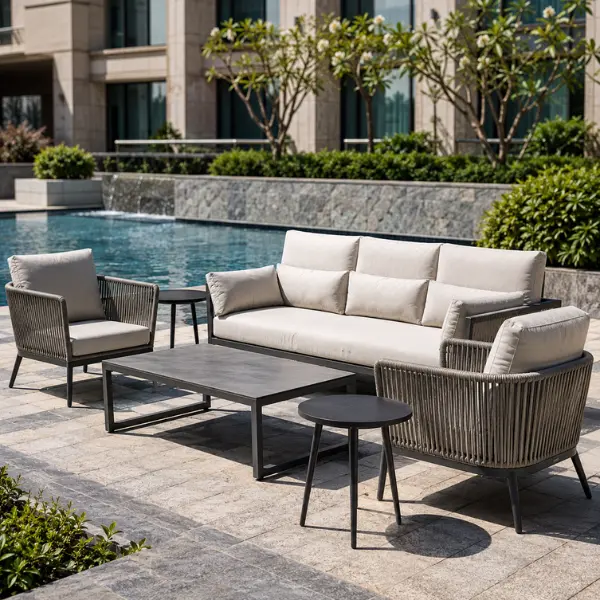 Weatherproof outdoor poolside furniture and resort lounge seating manufactured in Delhi.