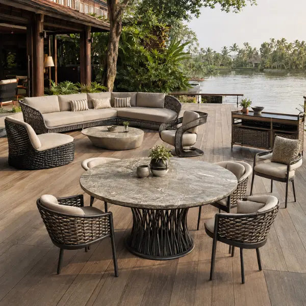 UV-stabilized outdoor resort furniture designed for Kerala backwaters