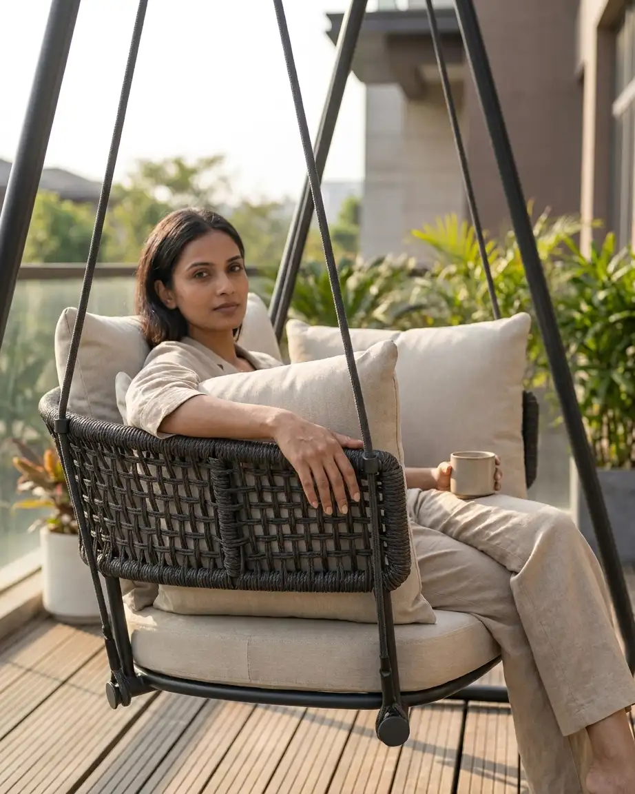The Serene model displayed as a luxury outdoor rope swing chair installed in a resort patio.