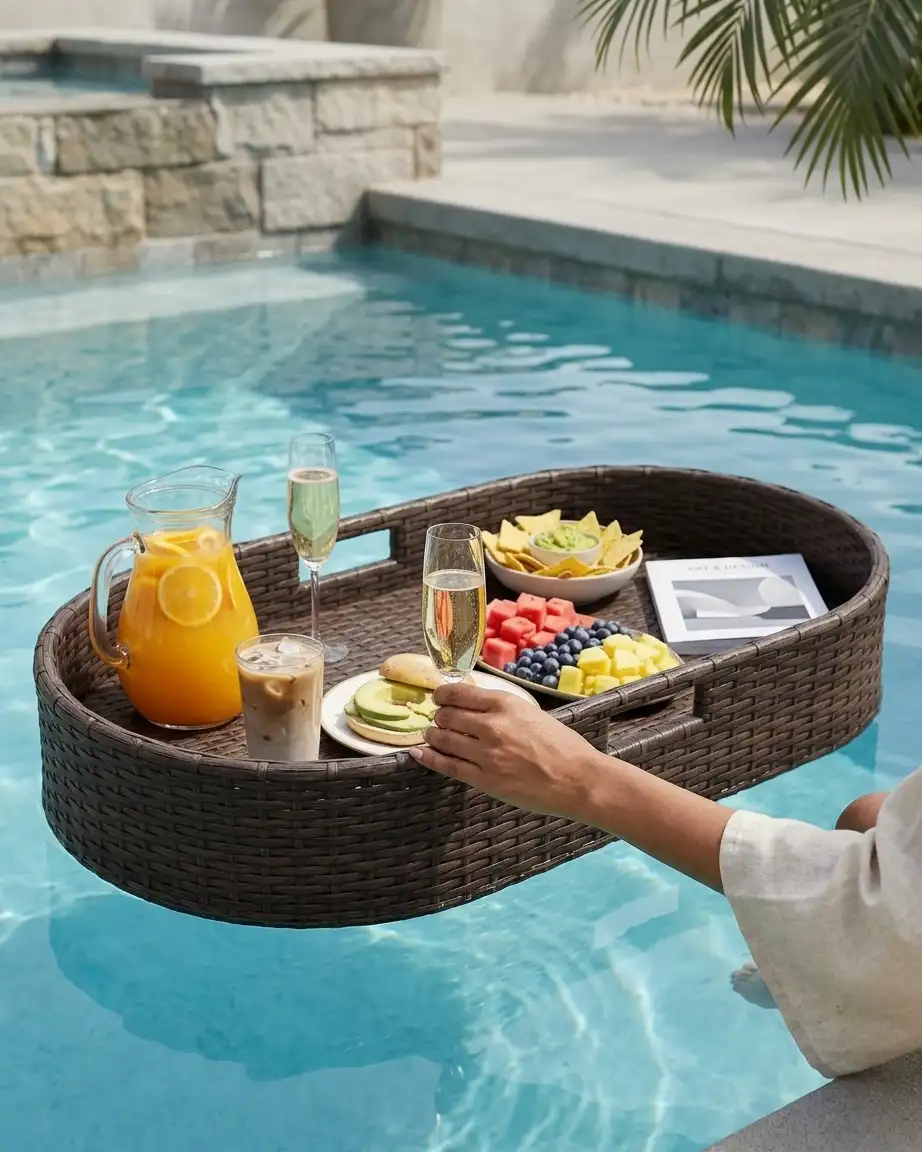 The Marbella tray utilized as a luxurious oval wicker room service tray loaded with premium breakfast items in a villa pool.