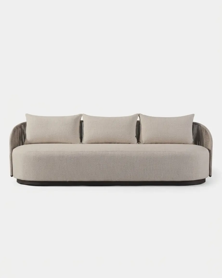 The Ovalis Curved Plinth Sofa featuring a sophisticated 3-seater design with an oval dark base and beige cushions.