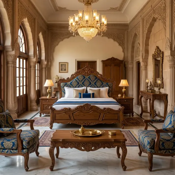 Exquisite solid wood palace furniture manufactured for heritage hotels and grand estates in Aurangabad.