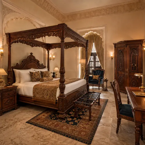 Solid teak heritage beds crafted by a leading palace furniture manufacturer Gwalior properties trust