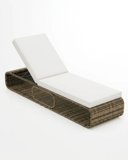 Luxury Palermo wicker sun lounger featuring a rust-proof aluminium frame and a curved UV-stabilized brown synthetic rattan base, manufactured for high-end resorts.