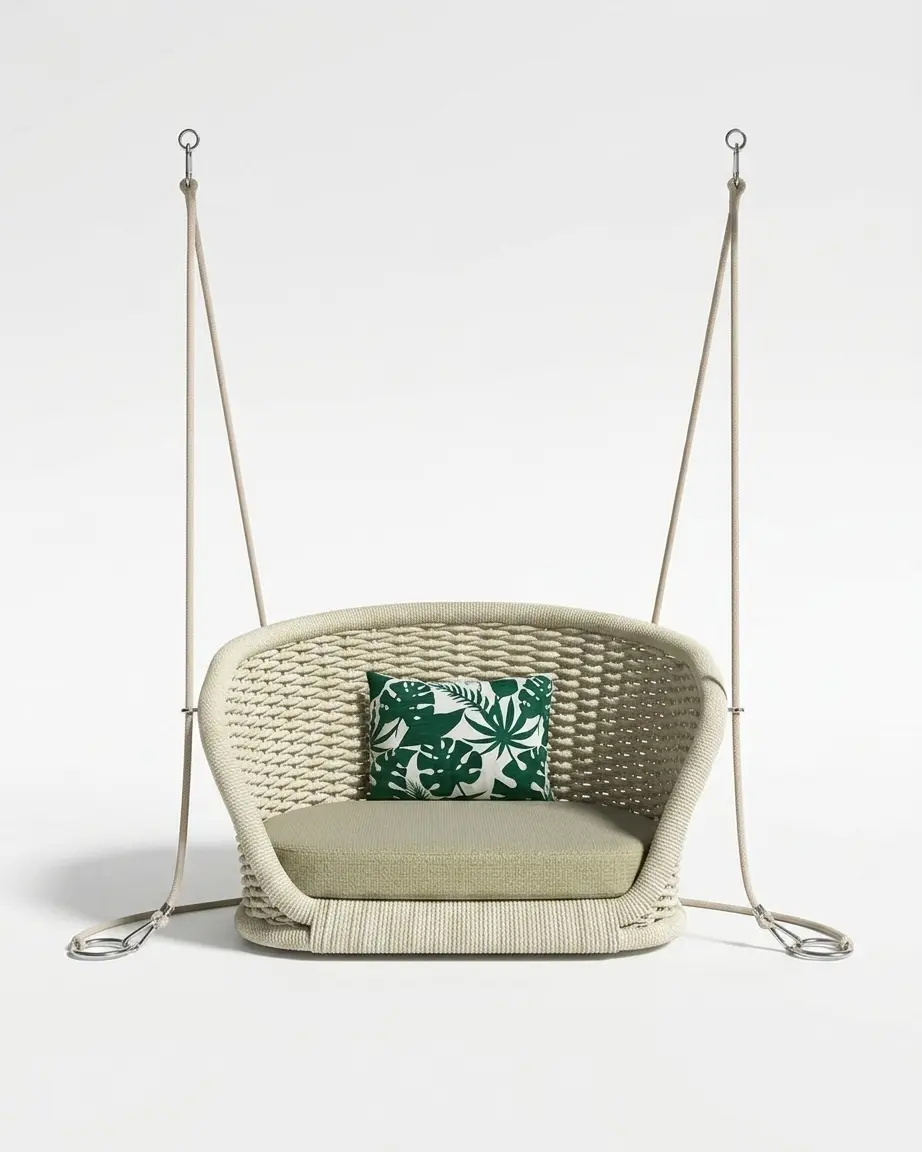 The Palermo Woven Loveseat Swing featuring a minimalist ceiling-hung design and premium rope weave.