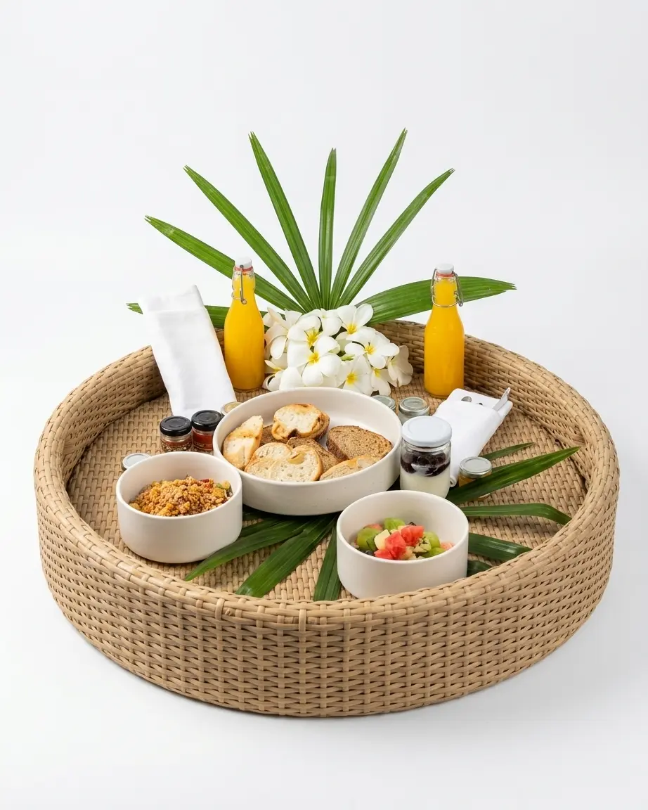 The Palma Round Rattan Breakfast Tray featuring a classic circular silhouette and UV-stabilized PE rattan weaving.