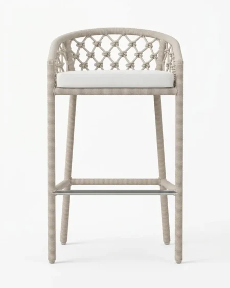 Premium beige marine-grade aluminium Palmerston bar stool with UV-stabilized macrame knot-weave and cushioned seat for luxury hotels.