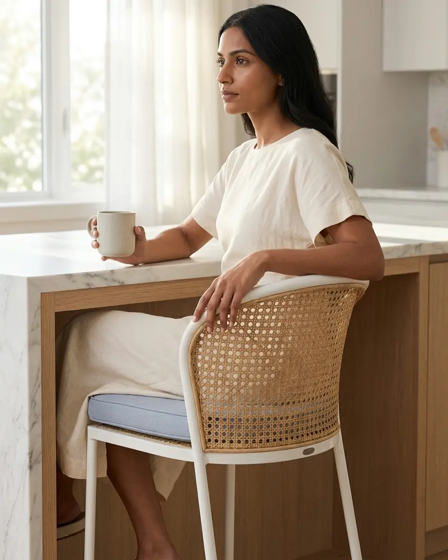 Bespoke high-end hospitality cane weave bar stool with dusty blue cushion and wrap-around backrest