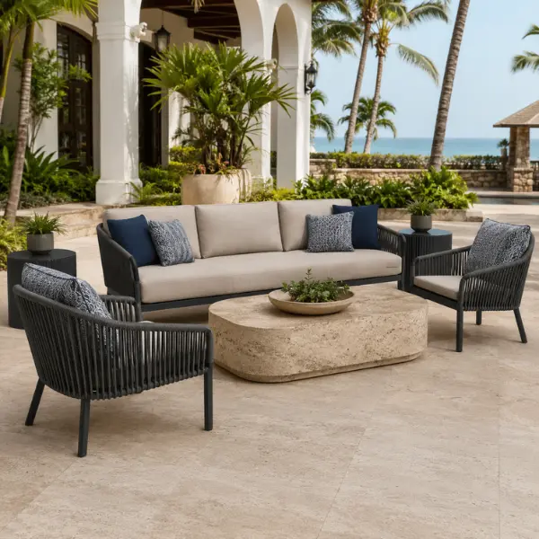 High-quality poolside cabana furniture manufactured for Diu resorts, designed to withstand chlorine, coastal sun, and pool spray.