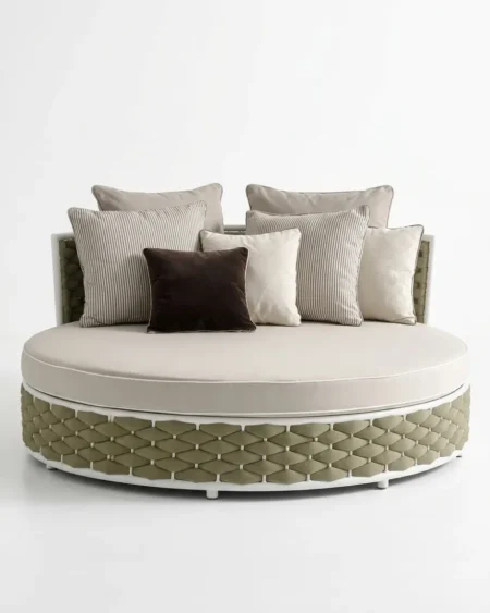 Luxury Positano lattice round outdoor daybed featuring a rust-proof white aluminium frame and UV-stabilized olive synthetic rope, manufactured for high-end resorts.